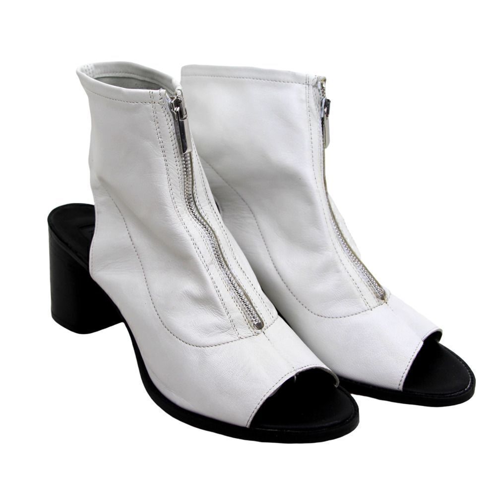 NEW Topshop WHITE GENUINE LEATHER 3"HEEL OPEN TOE ZIP FRONT BOOTIES SHOES Sz 42